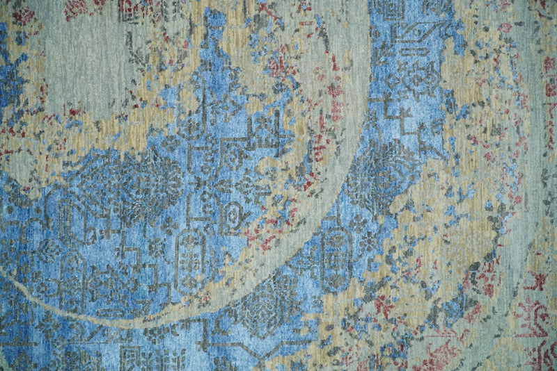 8x10 Fine Hand Knotted Beige and Blue Modern Abstract Style Antique Wool and Silk Area Rug | AGR37