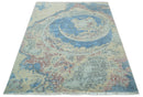 8x10 Fine Hand Knotted Beige and Blue Modern Abstract Style Antique Wool and Silk Area Rug | AGR37