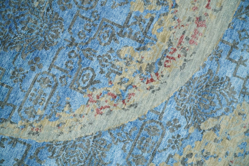 8x10 Fine Hand Knotted Beige and Blue Modern Abstract Style Antique Wool and Silk Area Rug | AGR37