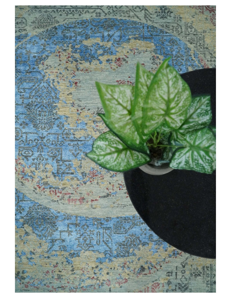 8x10 Fine Hand Knotted Beige and Blue Modern Abstract Style Antique Wool and Silk Area Rug | AGR37