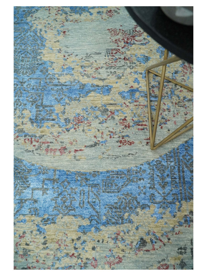 8x10 Fine Hand Knotted Beige and Blue Modern Abstract Style Antique Wool and Silk Area Rug | AGR37