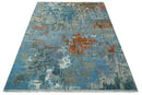 8x10 Fine Hand Knotted Beige and Blue Modern Abstract Style Antique Wool and Silk Area Rug | AGR43