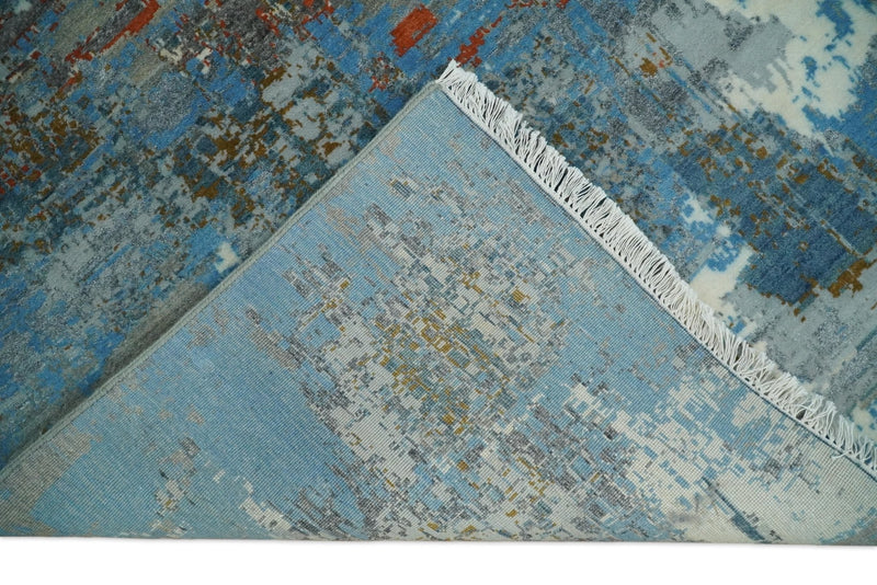 8x10 Fine Hand Knotted Beige and Blue Modern Abstract Style Antique Wool and Silk Area Rug | AGR43