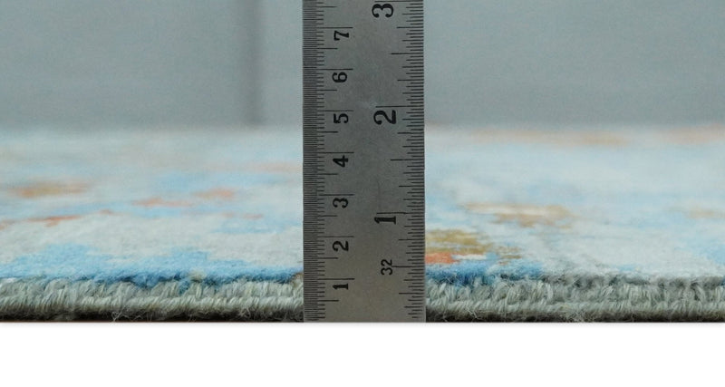 8x10 Fine Hand Knotted Beige and Blue Modern Abstract Style Antique Wool and Silk Area Rug | AGR43