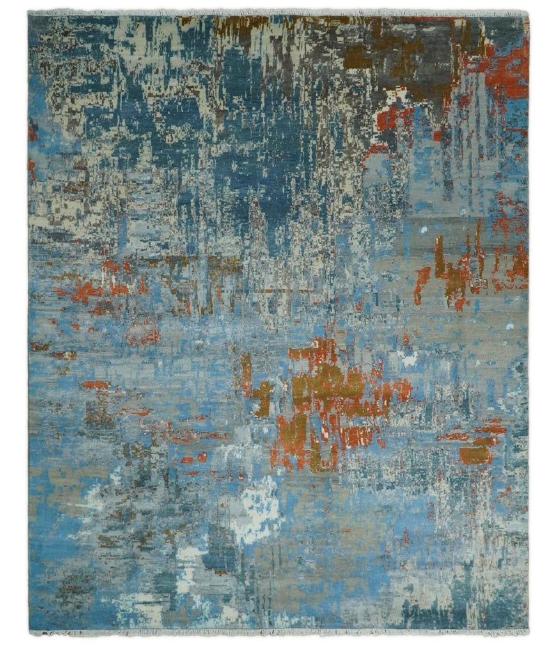 8x10 Fine Hand Knotted Beige and Blue Modern Abstract Style Antique Wool and Silk Area Rug | AGR43