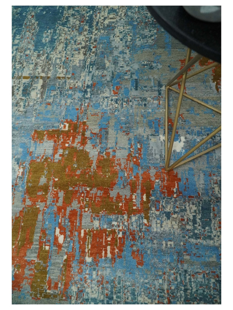 8x10 Fine Hand Knotted Beige and Blue Modern Abstract Style Antique Wool and Silk Area Rug | AGR43