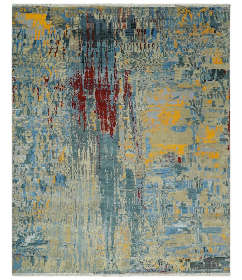 8x10 Fine Hand Knotted Beige and Blue Modern Abstract Style Antique Wool and Silk Area Rug | TRDCP630810