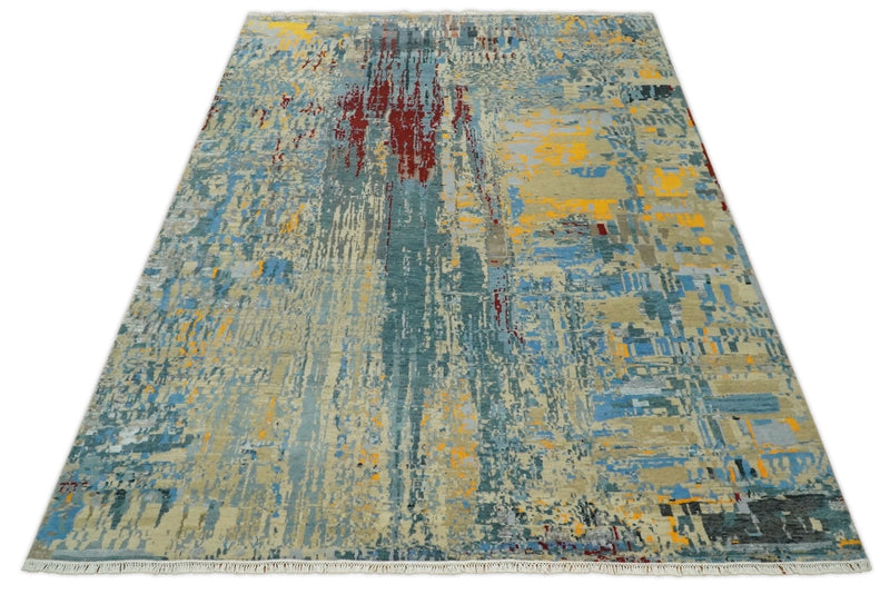 8x10 Fine Hand Knotted Beige and Blue Modern Abstract Style Antique Wool and Silk Area Rug | TRDCP630810