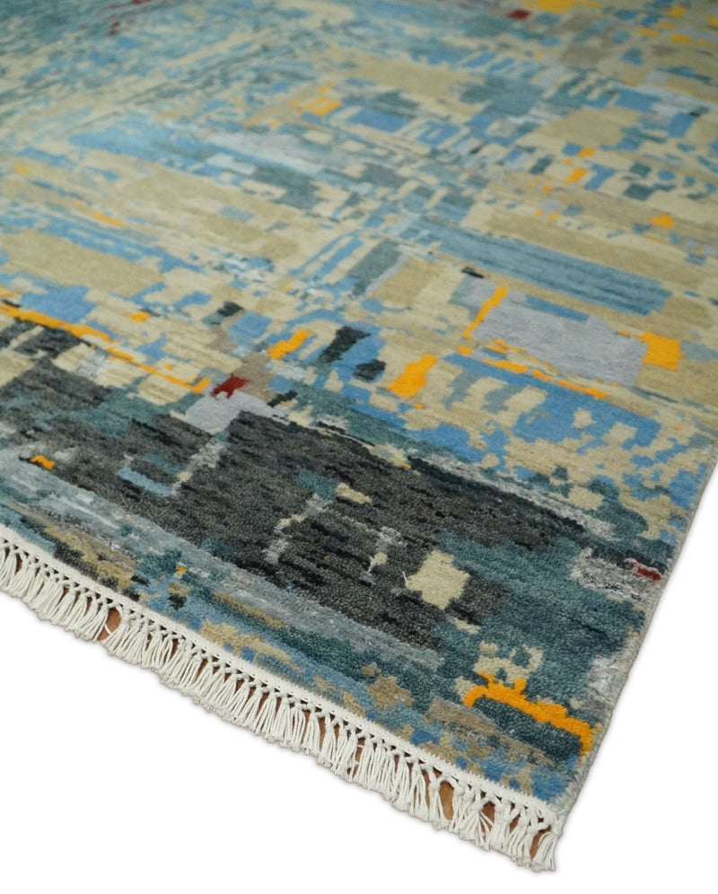 8x10 Fine Hand Knotted Beige and Blue Modern Abstract Style Antique Wool and Silk Area Rug | TRDCP630810