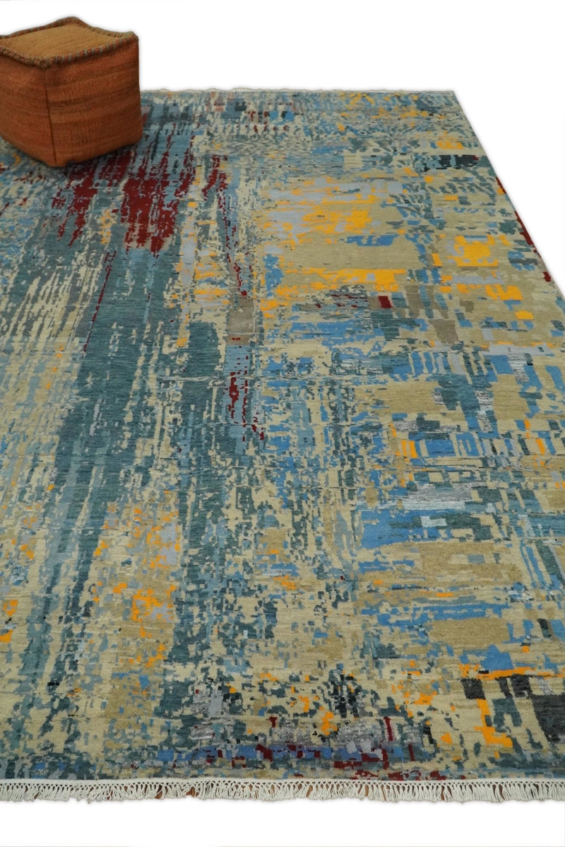 8x10 Fine Hand Knotted Beige and Blue Modern Abstract Style Antique Wool and Silk Area Rug | TRDCP630810