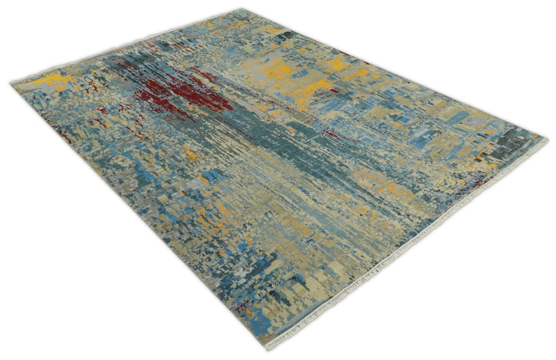 8x10 Fine Hand Knotted Beige and Blue Modern Abstract Style Antique Wool and Silk Area Rug | TRDCP630810