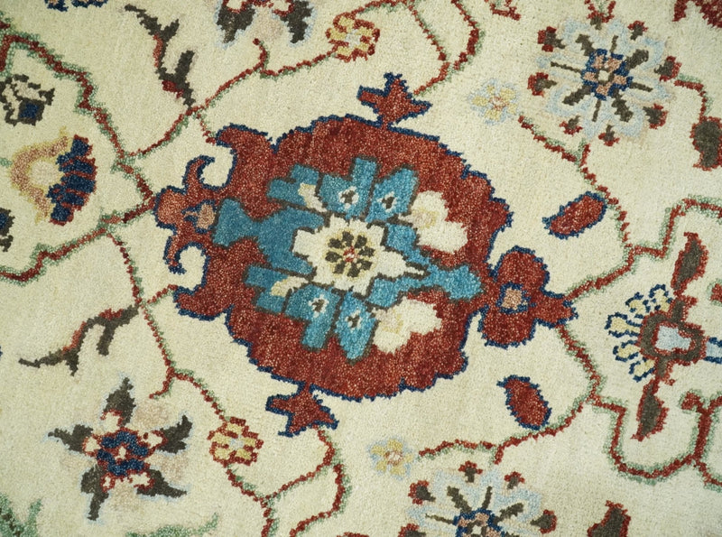 8x10 Fine Hand Knotted Beige and Blue Traditional Oriental Oushak Antique Floral Wool Rug | TRDCP514810