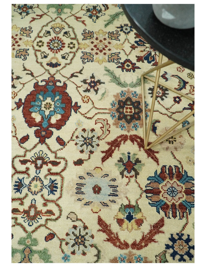 8x10 Fine Hand Knotted Beige and Blue Traditional Oriental Oushak Antique Floral Wool Rug | TRDCP514810