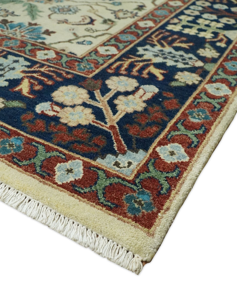 8x10 Fine Hand Knotted Beige and Blue Traditional Oriental Oushak Antique Floral Wool Rug | TRDCP514810