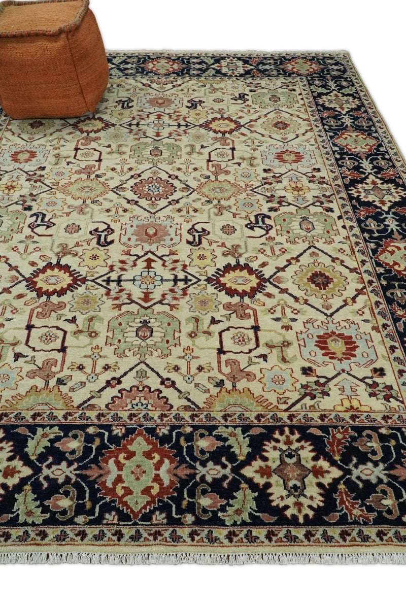 8x10 Fine Hand Knotted Beige and Blue Traditional Oriental Oushak Antique Wool Rug | TRDCP525810