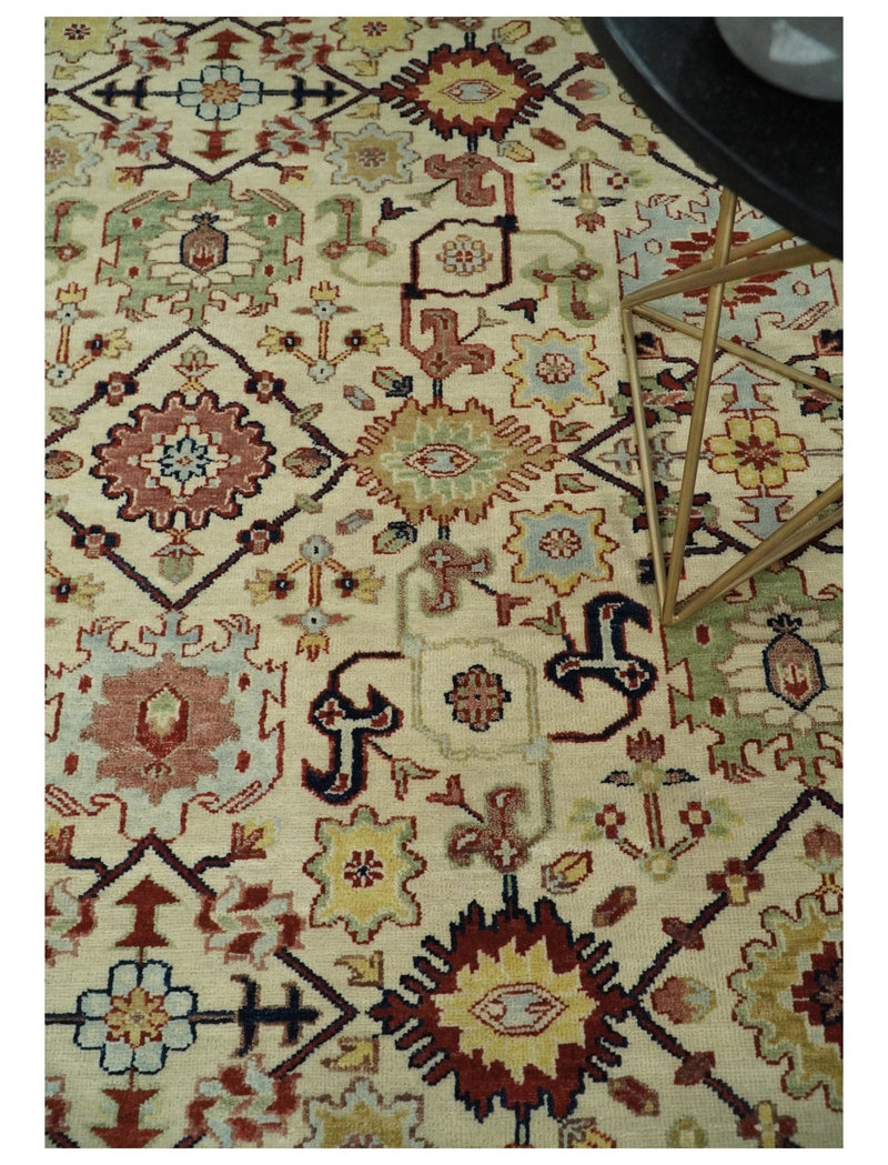 8x10 Fine Hand Knotted Beige and Blue Traditional Oriental Oushak Antique Wool Rug | TRDCP525810