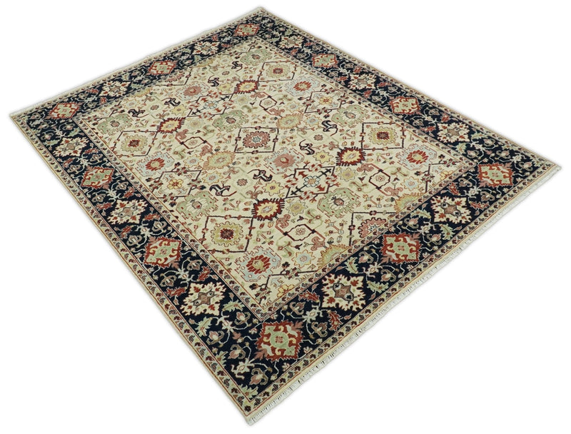 8x10 Fine Hand Knotted Beige and Blue Traditional Oriental Oushak Antique Wool Rug | TRDCP525810