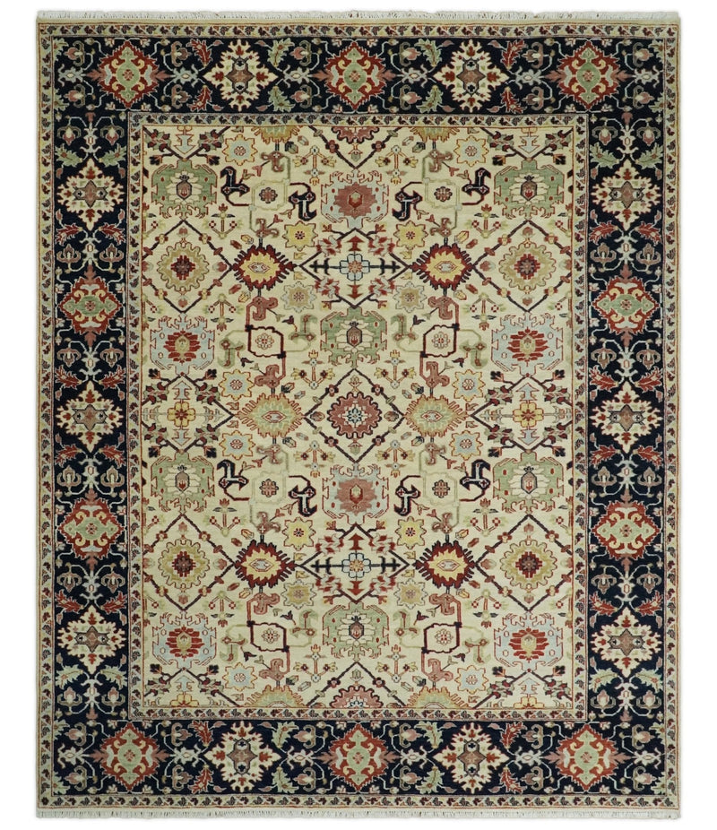 8x10 Fine Hand Knotted Beige and Blue Traditional Oriental Oushak Antique Wool Rug | TRDCP525810