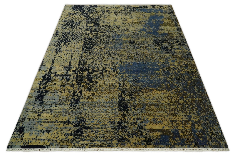 8x10 Fine Hand Knotted Beige, Black and Blue Modern Abstract Style Antique Wool and Silk Area Rug | TRDCP629810