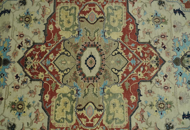 8x10 Fine Hand Knotted Beige, Blue and Rust Traditional Vintage Heriz Serapi Antique Wool Rug | TRDCP466810