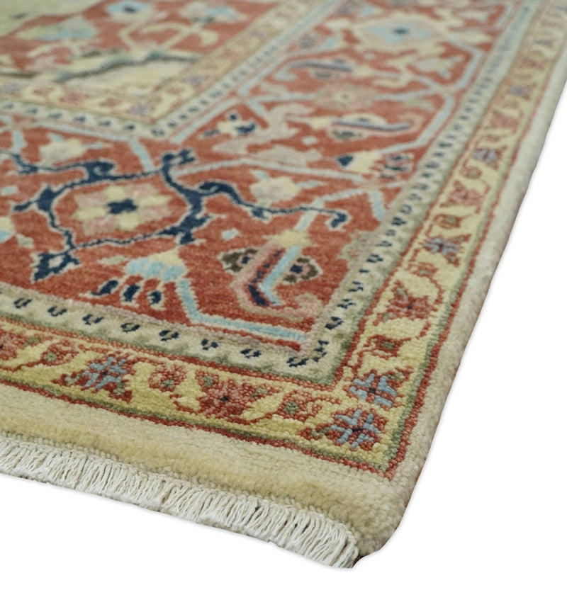 8x10 Fine Hand Knotted Beige, Blue and Rust Traditional Vintage Heriz Serapi Antique Wool Rug | TRDCP466810