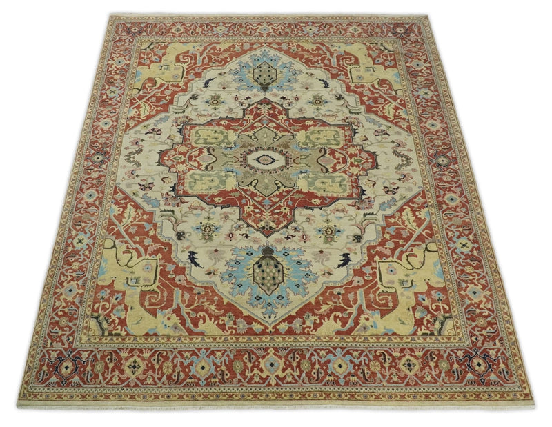 8x10 Fine Hand Knotted Beige, Blue and Rust Traditional Vintage Heriz Serapi Antique Wool Rug | TRDCP466810