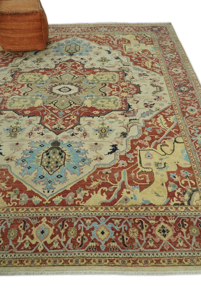 8x10 Fine Hand Knotted Beige, Blue and Rust Traditional Vintage Heriz Serapi Antique Wool Rug | TRDCP466810