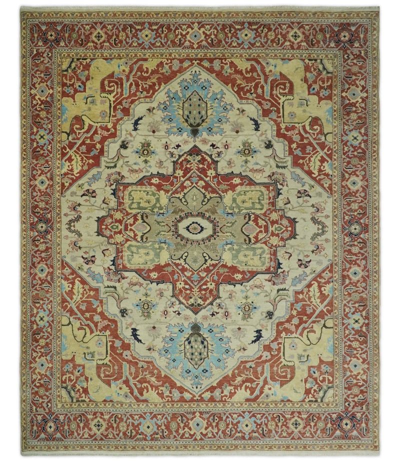 8x10 Fine Hand Knotted Beige, Blue and Rust Traditional Vintage Heriz Serapi Antique Wool Rug | TRDCP466810