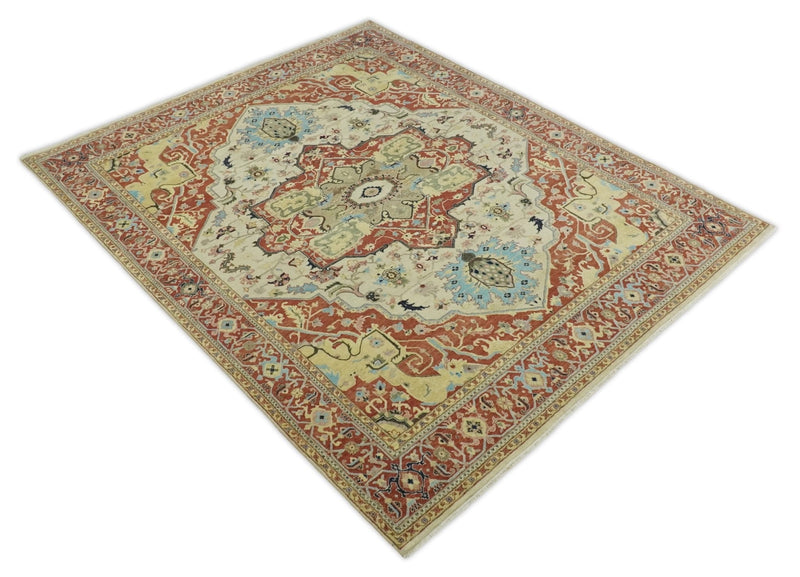 8x10 Fine Hand Knotted Beige, Blue and Rust Traditional Vintage Heriz Serapi Antique Wool Rug | TRDCP466810