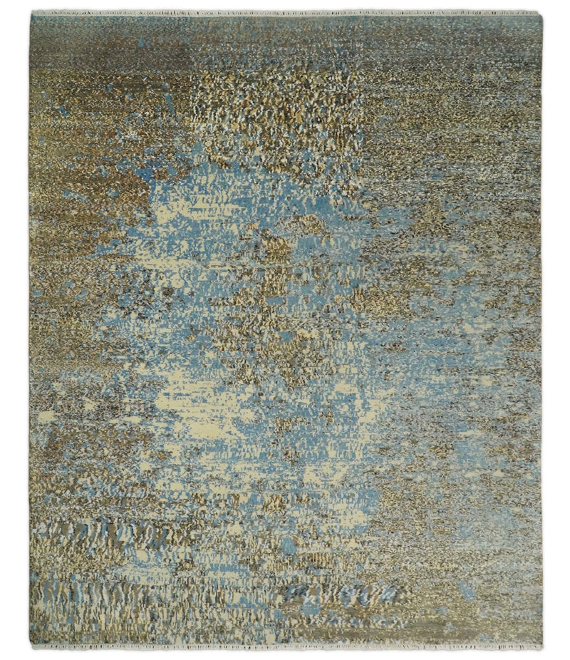 8x10 Fine Hand Knotted Blue and Brown Modern Abstract Style Antique Wool and Silk Area Rug | TRDCP627810