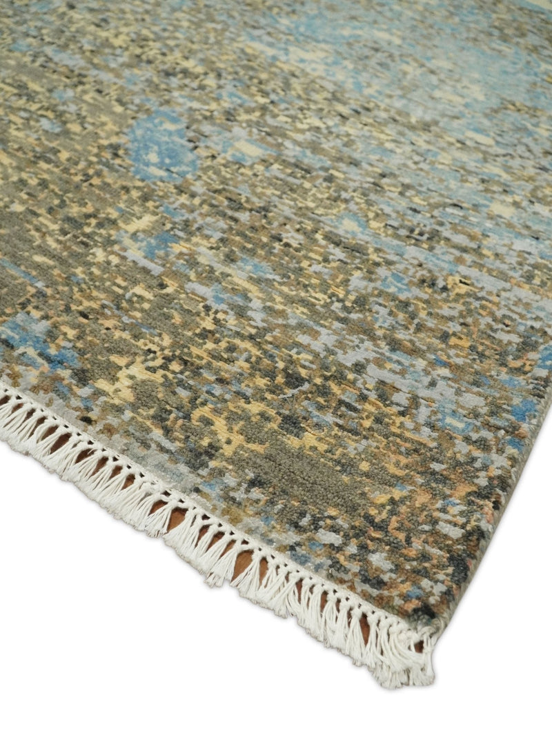 8x10 Fine Hand Knotted Blue and Brown Modern Abstract Style Antique Wool and Silk Area Rug | TRDCP627810