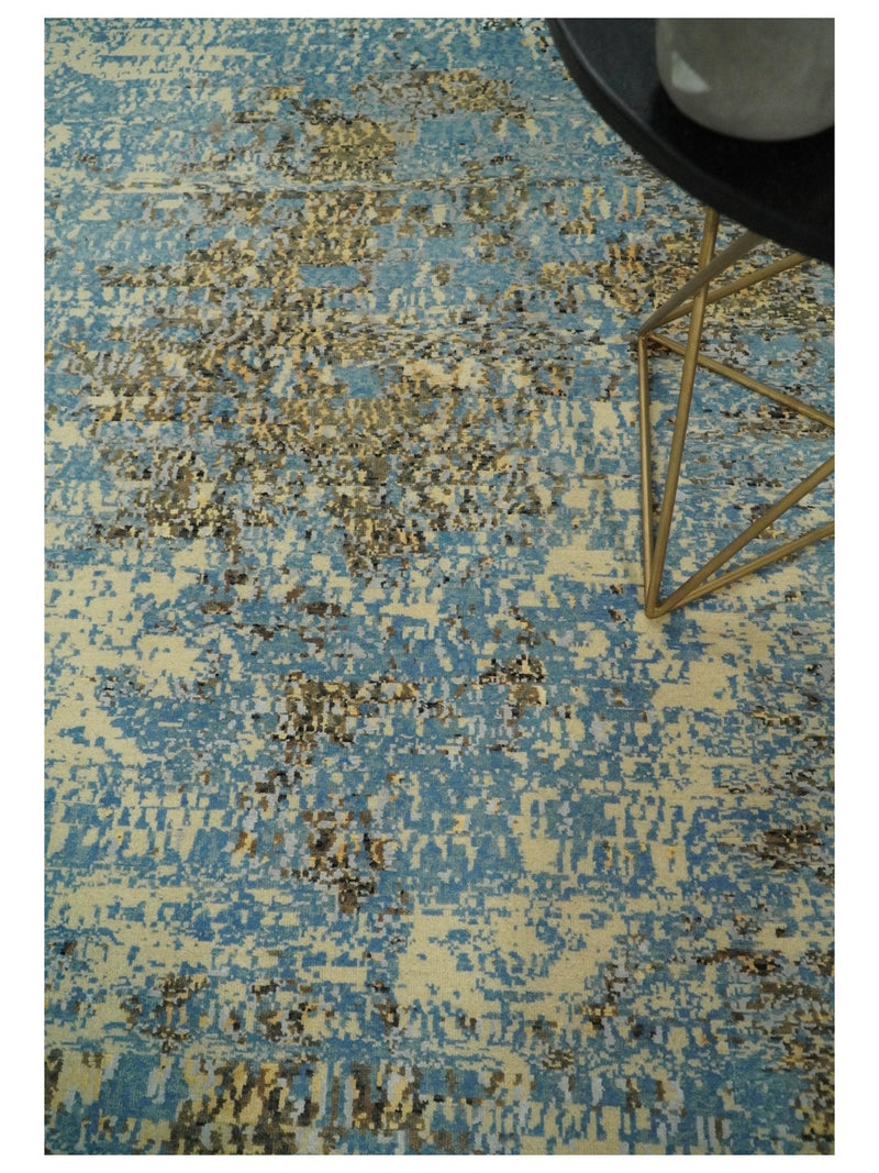 8x10 Fine Hand Knotted Blue and Brown Modern Abstract Style Antique Wool and Silk Area Rug | TRDCP627810