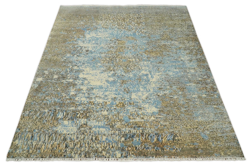 8x10 Fine Hand Knotted Blue and Brown Modern Abstract Style Antique Wool and Silk Area Rug | TRDCP627810