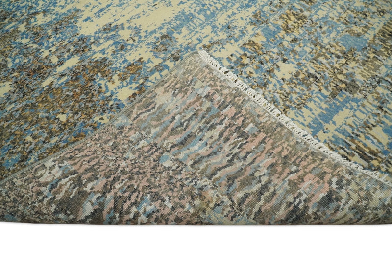 8x10 Fine Hand Knotted Blue and Brown Modern Abstract Style Antique Wool and Silk Area Rug | TRDCP627810