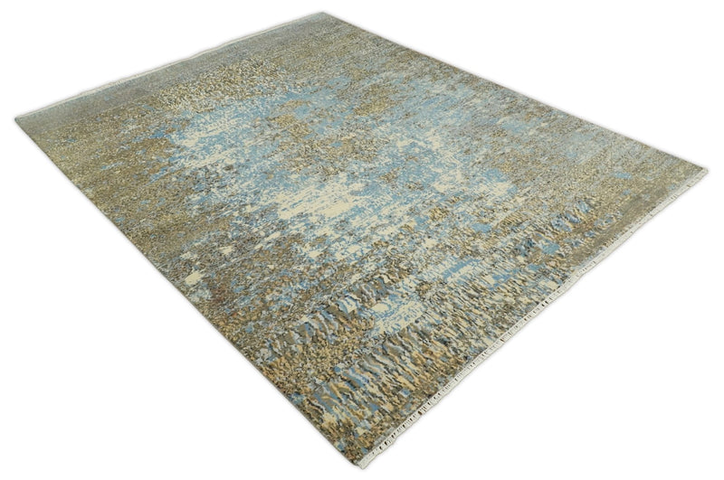 8x10 Fine Hand Knotted Blue and Brown Modern Abstract Style Antique Wool and Silk Area Rug | TRDCP627810