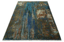Blue and Brown Wool Area Rug 8x10 Modern Abstract Hand Knotted