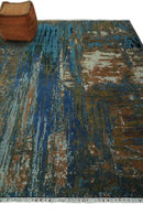 Blue and Brown Wool Area Rug 8x10 Modern Abstract Hand Knotted