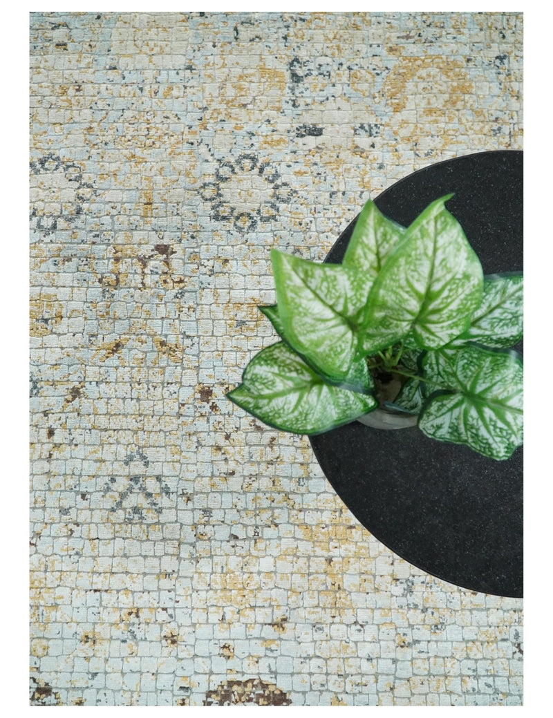 8x10 Fine Hand Knotted Blue and Gold Traditional Abstract Mosaic Turkish Style Bamboo Silk Rug | TRD35957