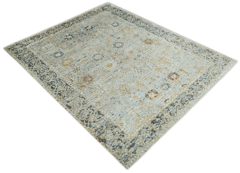 8x10 Fine Hand Knotted Blue and Gold Traditional Abstract Mosaic Turkish Style Bamboo Silk Rug | TRD35957