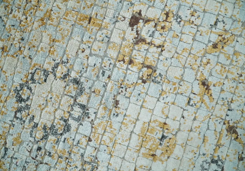 8x10 Fine Hand Knotted Blue and Gold Traditional Abstract Mosaic Turkish Style Bamboo Silk Rug | TRD35957