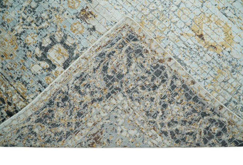 8x10 Fine Hand Knotted Blue and Gold Traditional Abstract Mosaic Turkish Style Bamboo Silk Rug | TRD35957