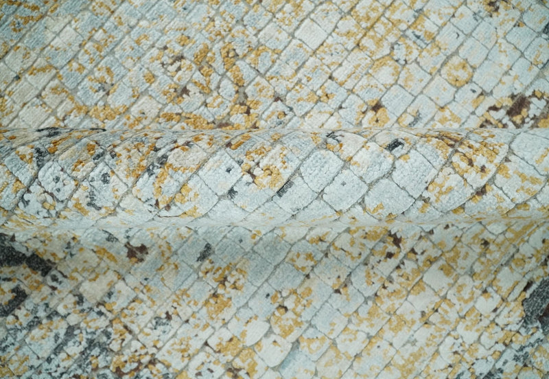 8x10 Fine Hand Knotted Blue and Gold Traditional Abstract Mosaic Turkish Style Bamboo Silk Rug | TRD35957