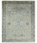 8x10 Fine Hand Knotted Blue and Gold Traditional Abstract Mosaic Turkish Style Bamboo Silk Rug | TRD35957