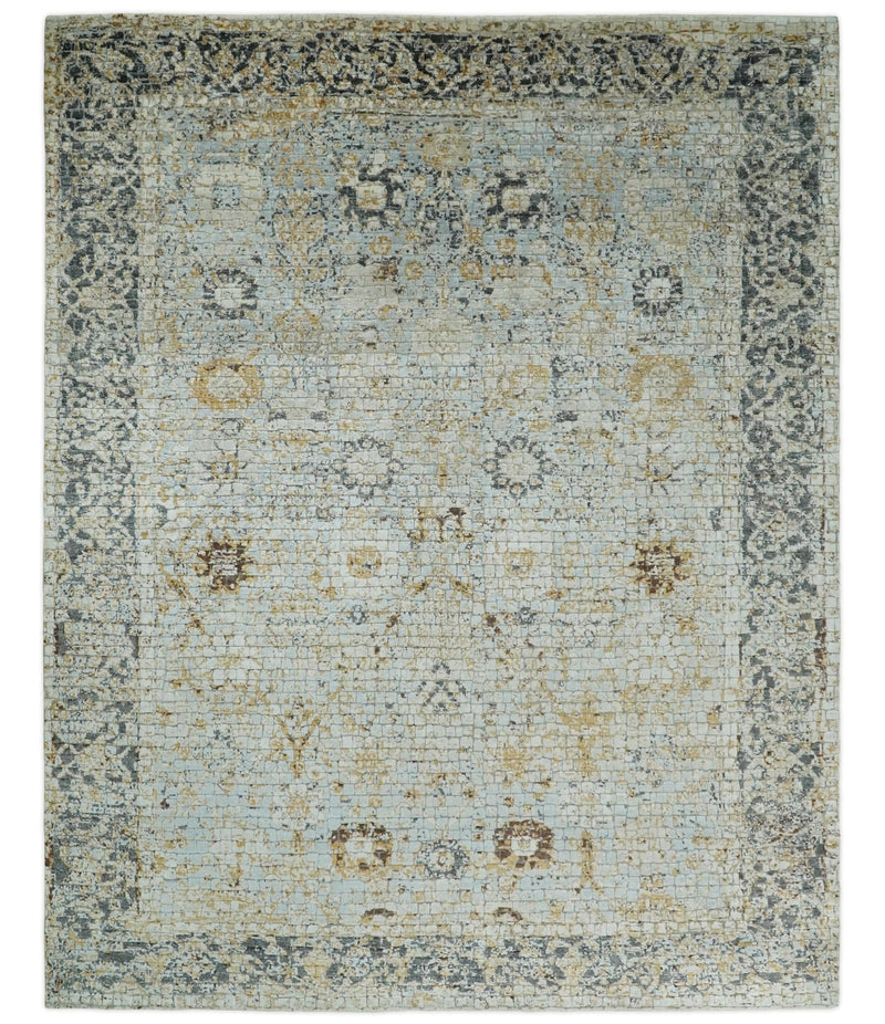 8x10 Fine Hand Knotted Blue and Gold Traditional Abstract Mosaic Turkish Style Bamboo Silk Rug | TRD35957
