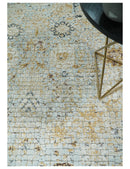 8x10 Fine Hand Knotted Blue and Gold Traditional Abstract Mosaic Turkish Style Bamboo Silk Rug | TRD35957