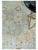 Blue and Gold Hand-Knotted Area Rug 8x10 - Wool Bamboo Silk Turkish Abstract Mosaic