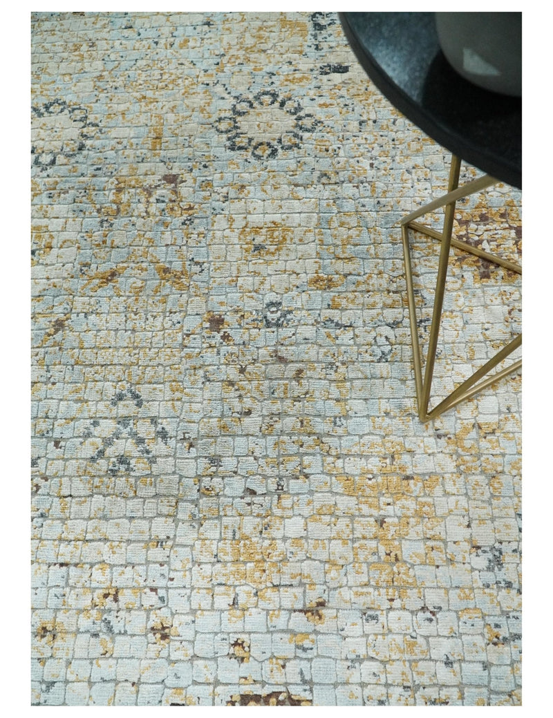 8x10 Fine Hand Knotted Blue and Gold Traditional Abstract Mosaic Turkish Style Bamboo Silk Rug | TRD35957