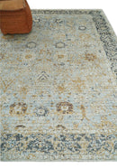 Blue and Gold Hand-Knotted Area Rug 8x10 - Wool Bamboo Silk Turkish Abstract Mosaic