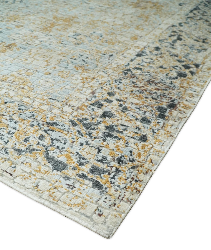 8x10 Fine Hand Knotted Blue and Gold Traditional Abstract Mosaic Turkish Style Bamboo Silk Rug | TRD35957