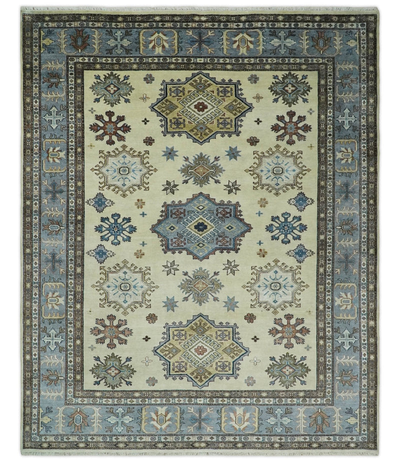 8x10 Fine Hand Knotted Blue and Beige Traditional Vintage Persian Style Antique Wool and Silk Rug | TRDCP510810